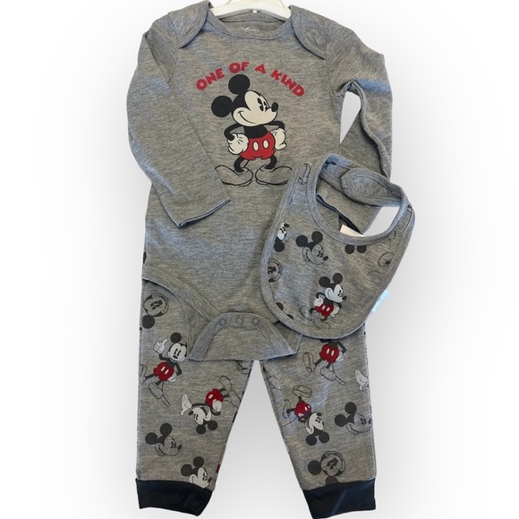 Disney Other - NEW with tags-Disney Mickey Mouse Bodysuit, Jogger and Bib Set -18M-Heather Grey